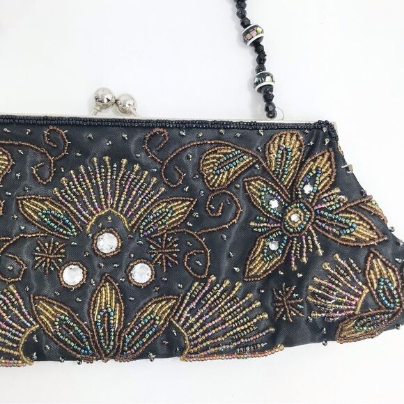Apt. 9 Black Satin Beaded Floral Sparkle Bead Handle Mini Evening Bag - Picture 4 of 16